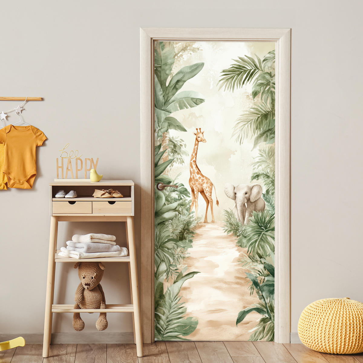 FOTOTAPETE Tür - Dschungel - Giraffe - Elefant - Grün - Natur 90x205 cm - Eukalyptusholzfarben, Kunststoff (90/0.1cm) - MuchoWow