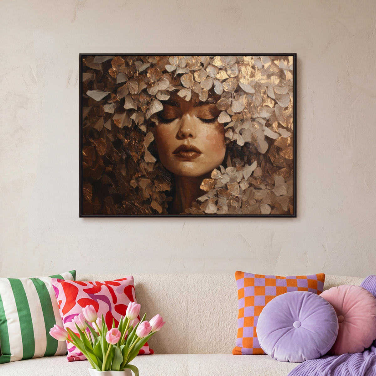 LEINWAND Bilder mit Rahmen - Gesicht - Dame - Blätter - Pinselstriche - 70x50 - Goldfarben, Textil (70/50cm) - MuchoWow