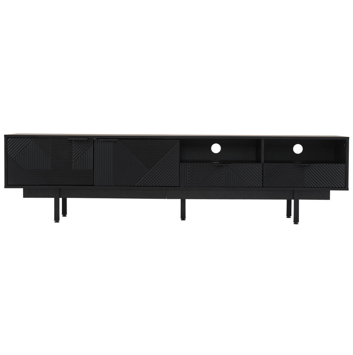 TV-LOWBOARD 200/40/51 cm mit Stauraum, Kabeldurchlass und 2 Türen aus Spanplatte, geometrisches Design, Schwarz - Schwarz, Holzwerkstoff (200/51/40cm) - Redom