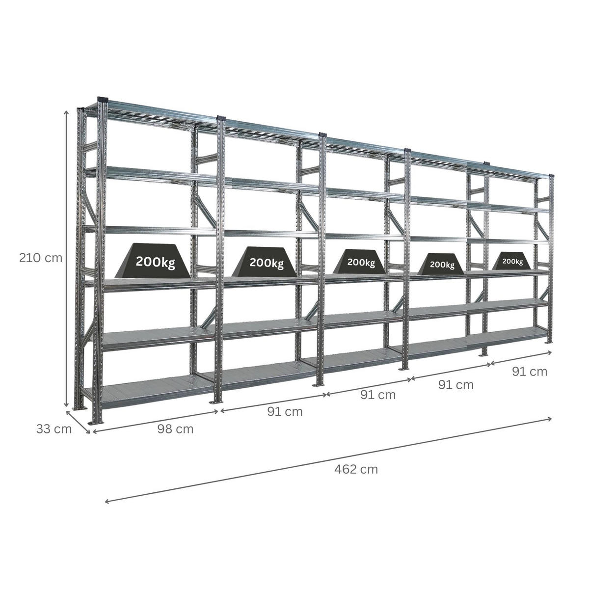 FACHBODENREGAL Proximo Stecksystem 210x450x32cm 6 Ebenen Beidseitig nutzbar Verzinkt - Silberfarben, Metall (450/210/32cm) - PROREGAL