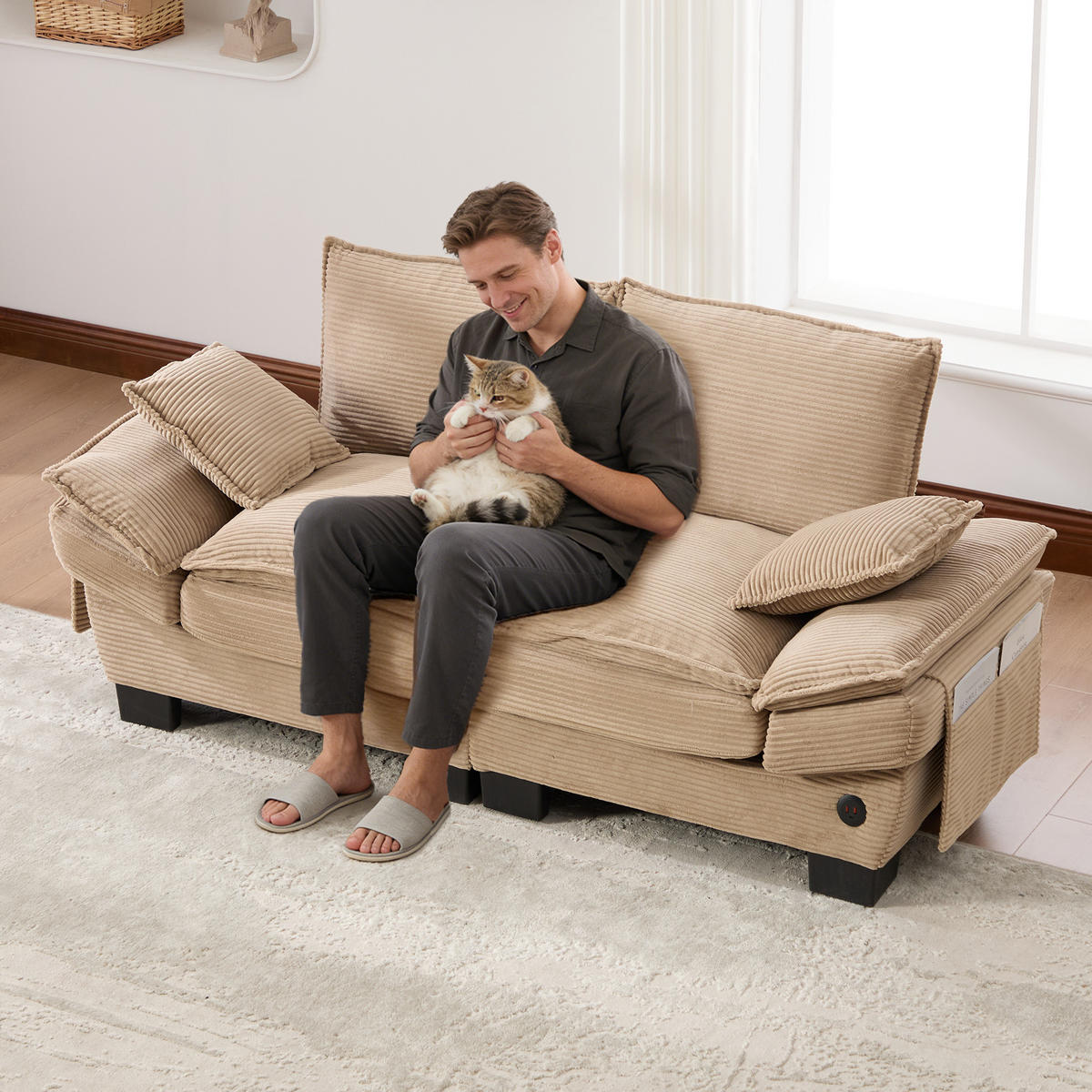2-SITZER Sofa aus Corduroy 190x73x84 cm mit USB-C & Seitentaschen, beige - Beige, Textil (73/84/190cm)