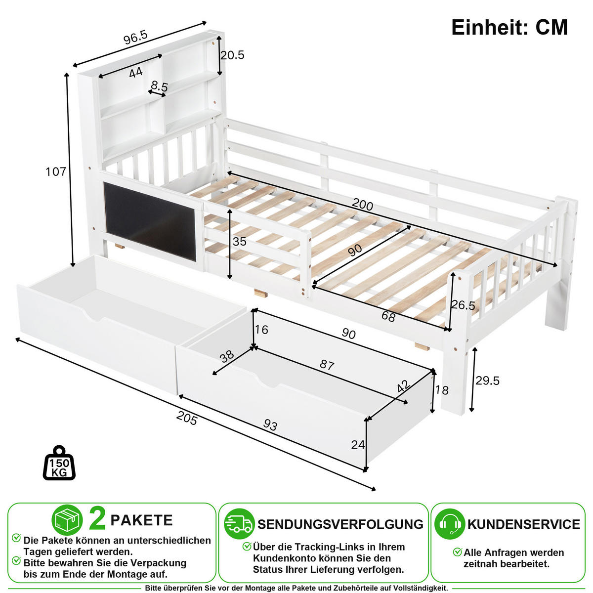 KINDERBETT 90/200 cm in Weiß mit 2 Schubladen und Tafel - Weiß, Holz/Holzwerkstoff (90/200cm) - CHICFURN