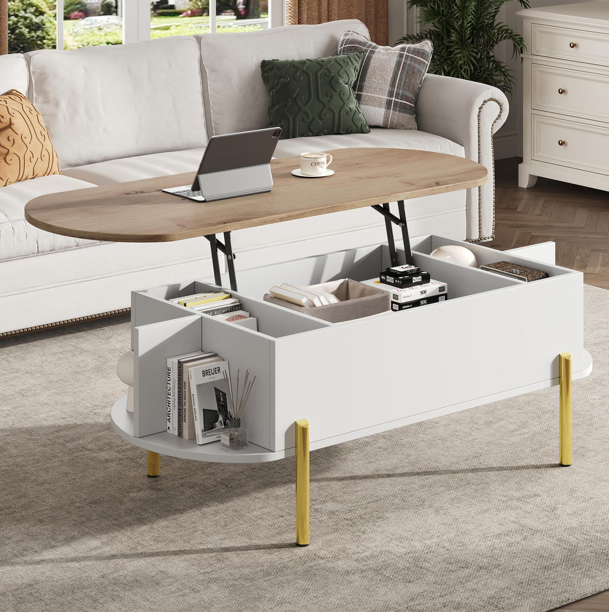 COUCHTISCH 120/50/43 cm aus MDF mit höhenverstellbarer Tischplatte und verstecktem Stauraum, Weiß/Naturholz - Weiß, Holzwerkstoff (120/50/43cm) - Redom