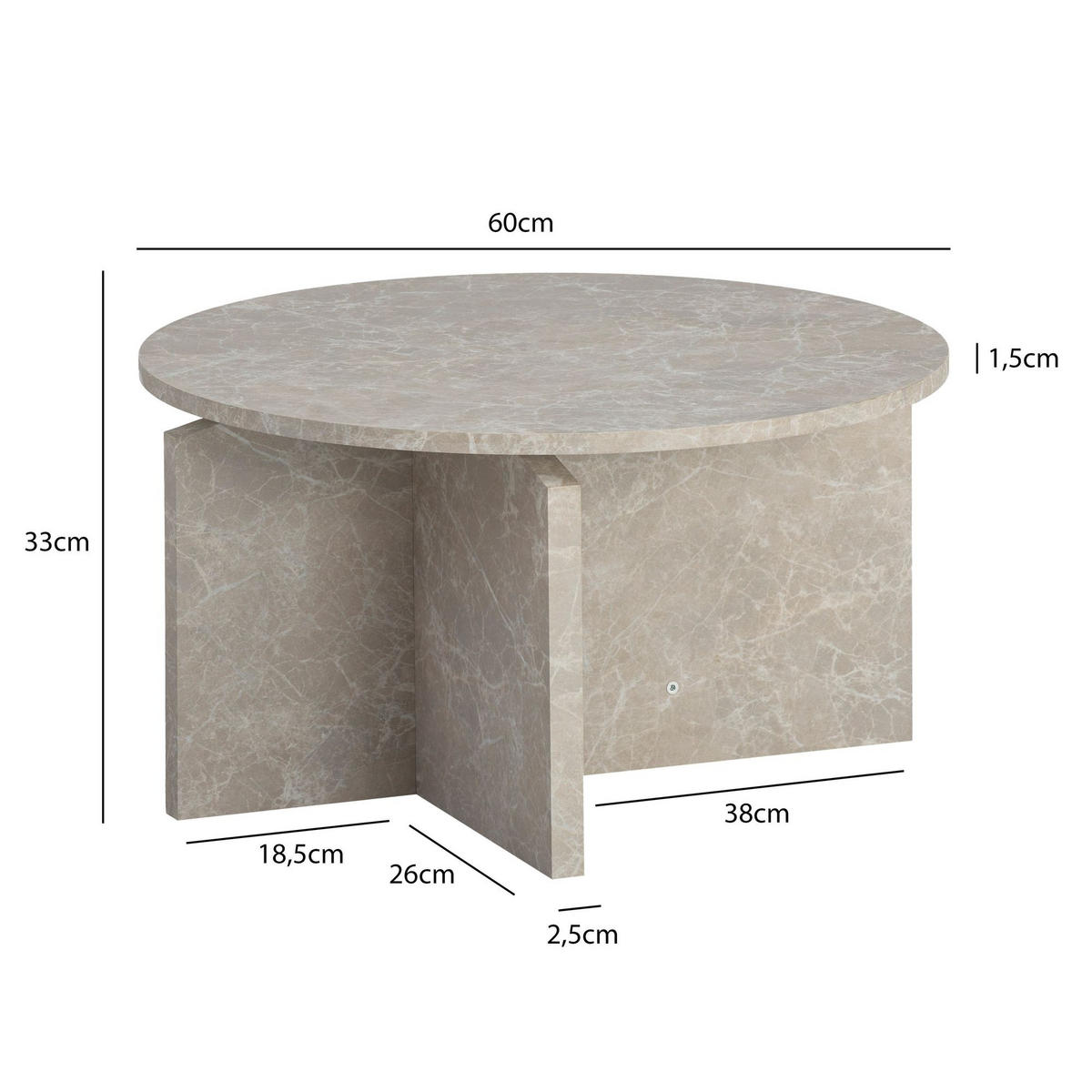 COUCHTISCH rund in Stein-Optik – modernes Design in Großformat, Beige 60x60x33 cm - Beige, Holz/Holzwerkstoff (60/60/33cm) - KADIMA DESIGN