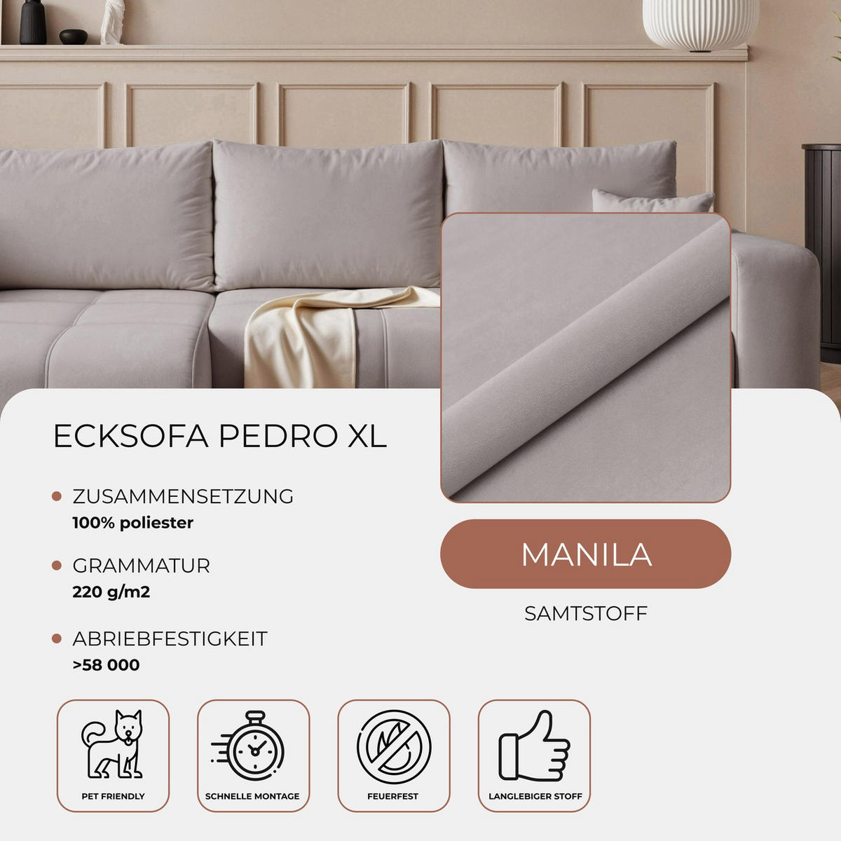 ECKSOFA XL Velours mit Bettkasten und Schlaffunktion - Grau, Holzwerkstoff/Textil (278/145cm) - Idohome