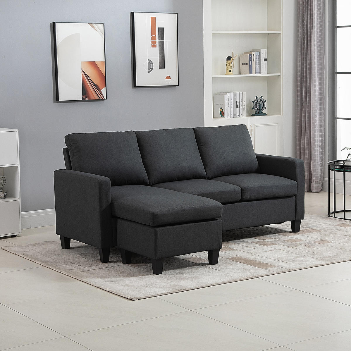 ECKSOFA L-Form Couchgarnitur mit wendbarer Chaiselongue Leinen - Dunkelgrau/Schwarz, Kunststoff/Textil (139/197cm) - HOMCOM
