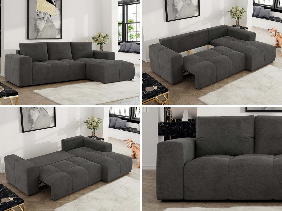 ECKSOFA MONIVA Dunkelgrau Velvet - Rechts - Dunkelgrau/Schwarz, Textil (266/164cm) - MKS