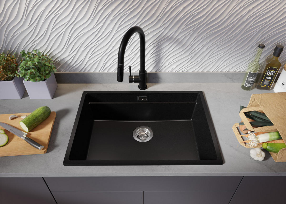 GRANITSPÜLE Praga Slim, 2-er set Schwarz 66/47 cm 1 Becken + Küchenarmatur 32/20 cm + Ablauf-Set + Aufrollbare Abtropffläche ab 70er Unterschrank - Chromfarben/Schwarz, Kunststoff (66/20/47cm) - Primagran