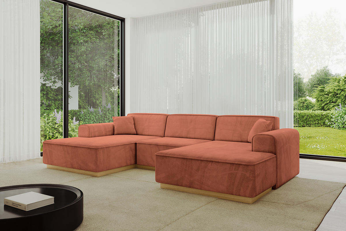WOHNLANDSCHAFT IREA-U1-v2 - 297x165x81 cm Apricot - Koralle, Holzwerkstoff/Textil (297/81/165cm) - ALTDECOR