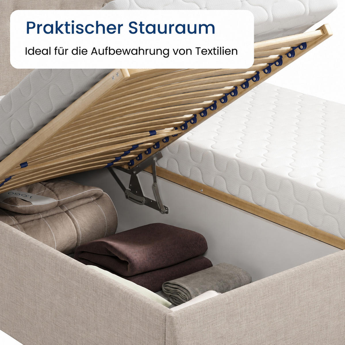 POLSTERBETT mit verstellbarem Lattenrost & Bettkasten, Kaltschaummatratze, 100 x 200 cm in Creme - Creme, Holzwerkstoff/Textil (100/200cm) - Home Collective