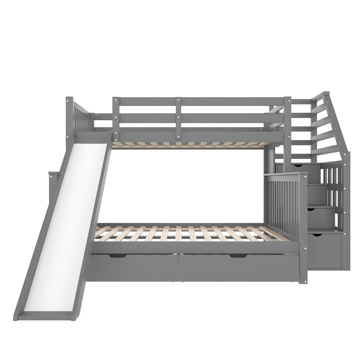 ETAGENBETT 90/200 cm Grau mit Schubladen und Rutsche aus Kiefernholz - Grau, Holz (90/200cm) - OKWISH