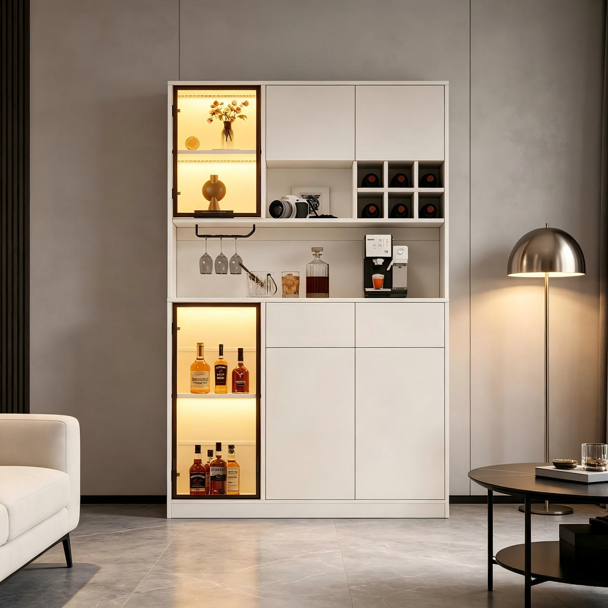 HOCHSCHRANK 120x33x200 cm mit 6 Türen, 2 Schubladen und LED - Weiß, Holzwerkstoff (120/200/33cm) - FLIEKS