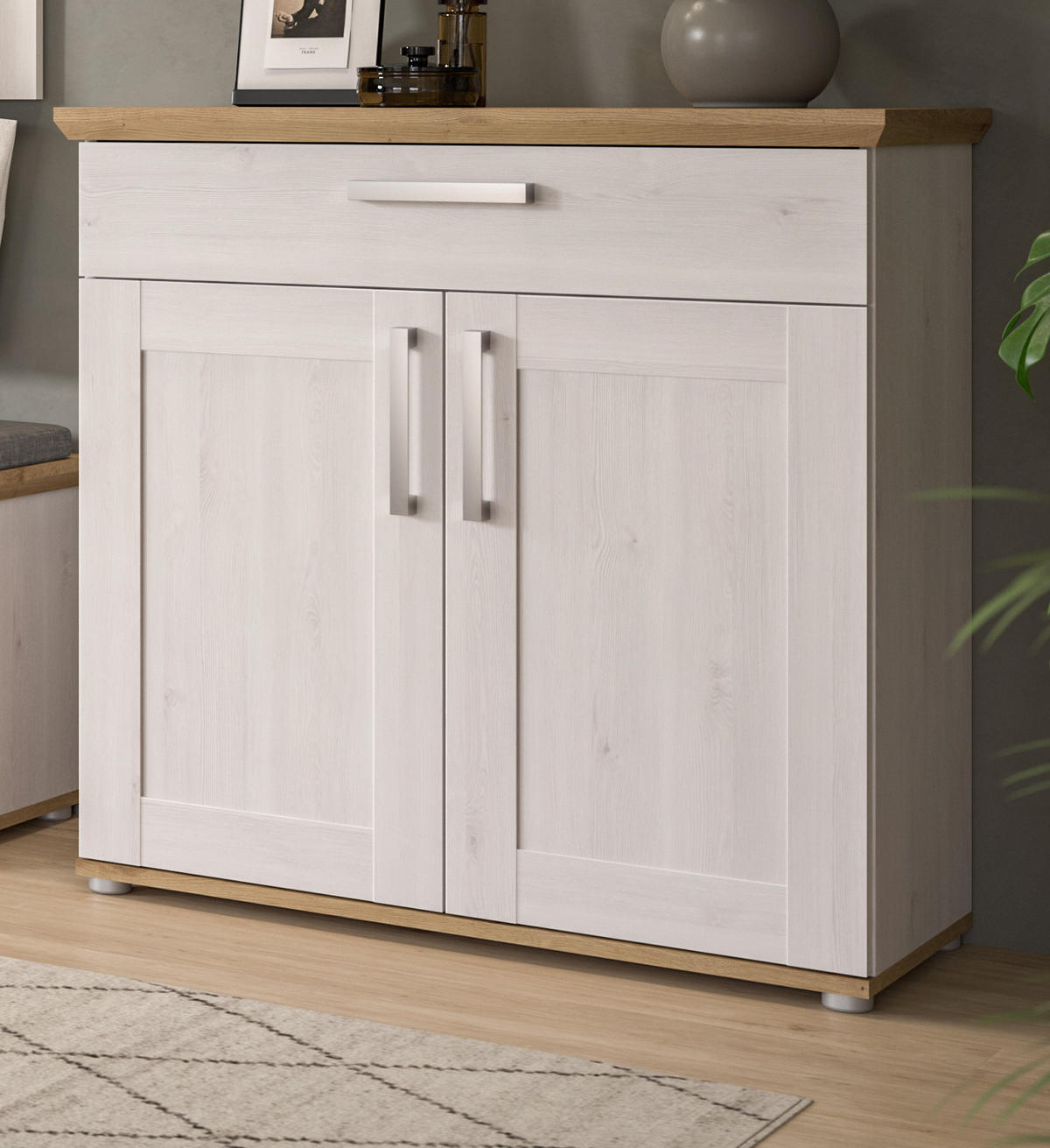 SCHUHSCHRANK weiß Lärche 95 cm, Schuhkommode im Landhaus-Stil - Silberfarben/Weiß, Holzwerkstoff/Kunststoff (95/92/39cm) - Inn.Furn