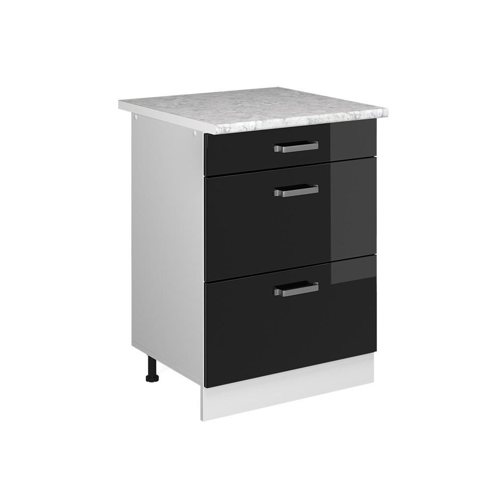 KÜCHENUNTERSCHRANK R-Line Schwarz Hochglanz 60 cm mit Schubladen AP Marmor - Schwarz Hochglanz/Schwarz, Holzwerkstoff (60/81.6/60cm) - Vicco