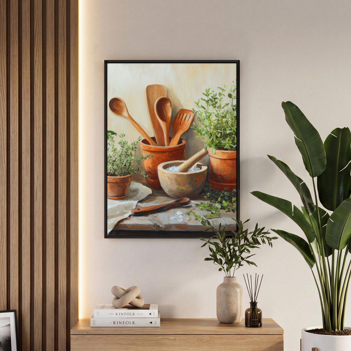LEINWAND Bilder mit Rahmen - Töpfe - Kräuter - Holz - 60x80 - Terracotta, Textil (60/80cm) - MuchoWow