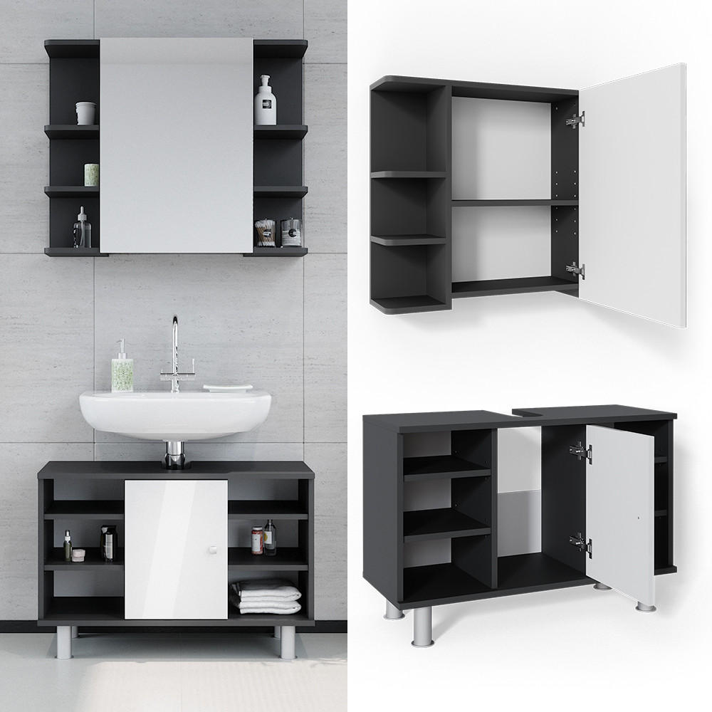 BADMÖBEL-SET Fynn Anthrazit 2 Teile, Unterschrank 80 cm - Anthrazit/Weiß, Holzwerkstoff (60/54/32cm) - Vicco