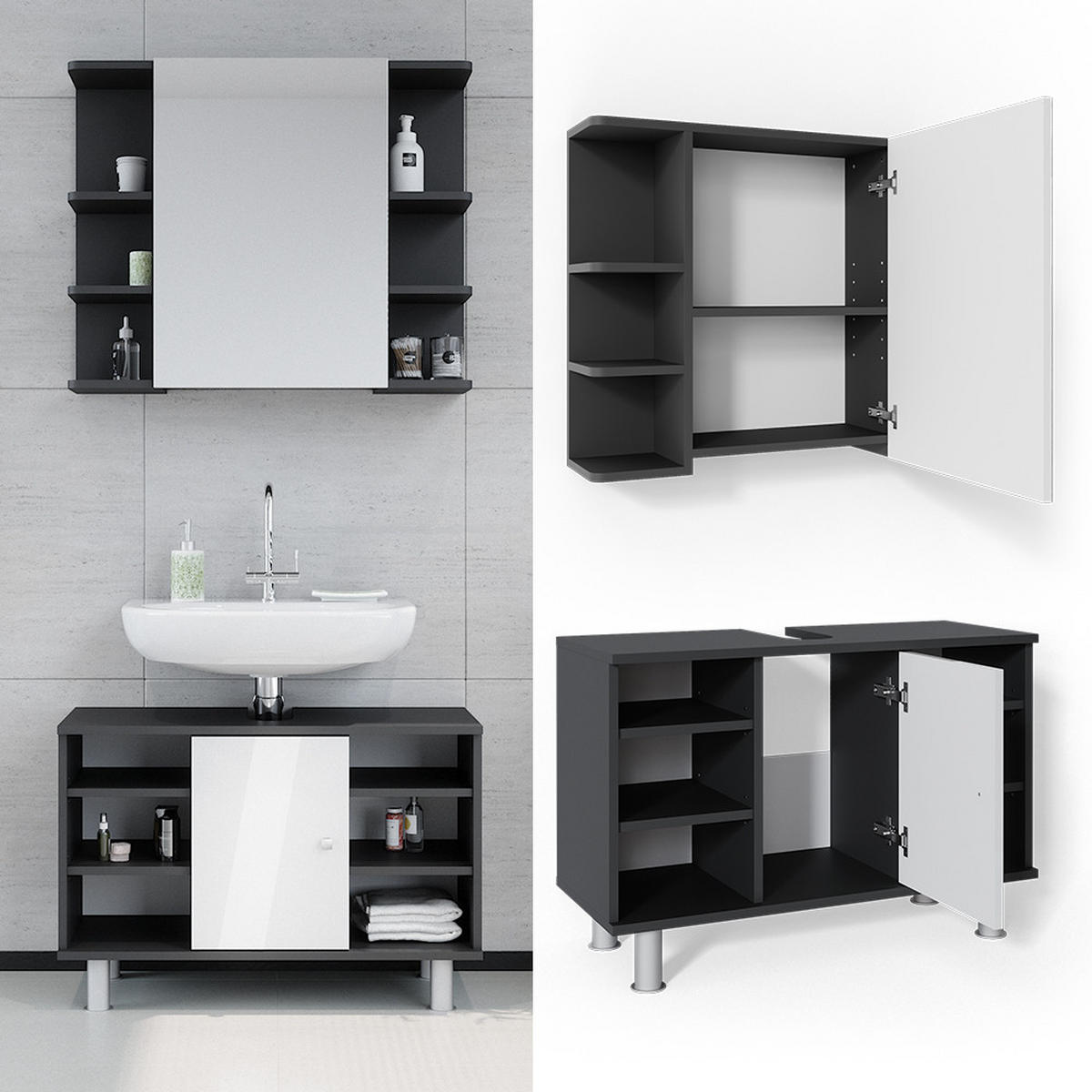 BADMÖBEL-SET Fynn Anthrazit 2 Teile, Unterschrank 80 cm - Anthrazit/Weiß, Holzwerkstoff (60/54/32cm) - Vicco