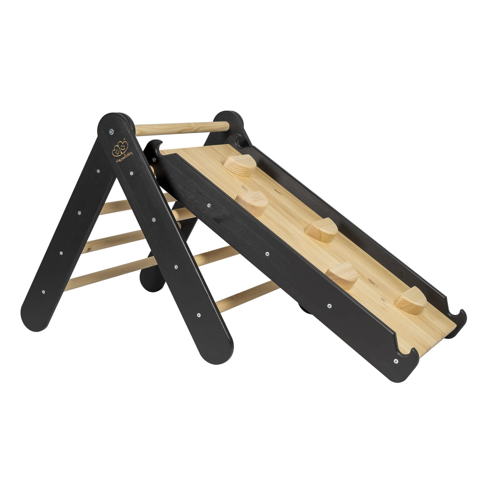 KLETTERDREIECK mit Rutsche, Montessori, Schwarz - Beige, Holz (59.5/59/60cm) - MeowBaby