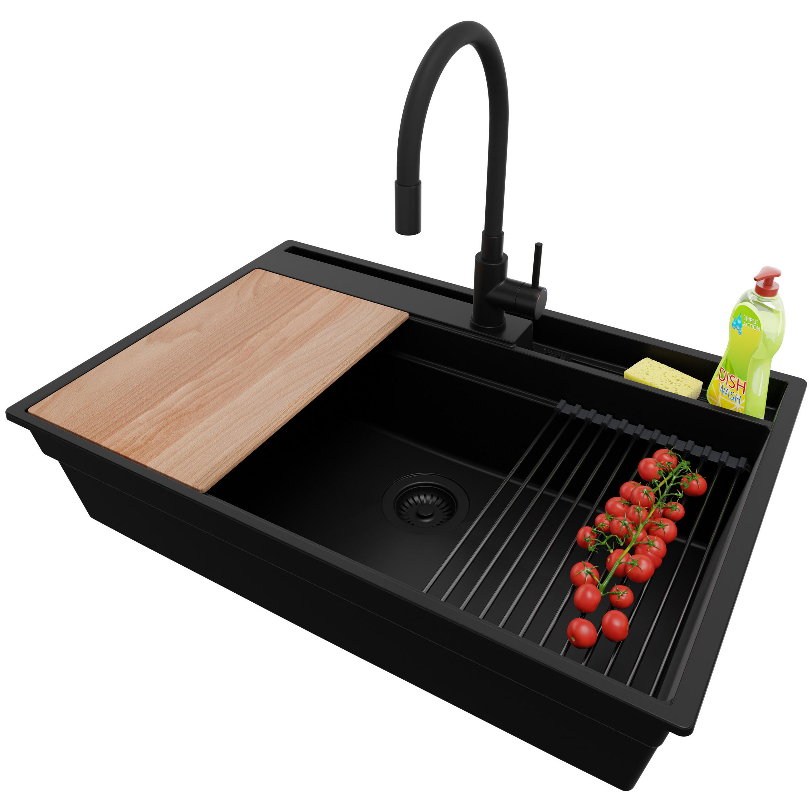 GRANITSPÜLE Oslo Pocket, 2-er set Alles Schwarz 78/53 cm 1 Becken + Küchenarmatur 40/38 cm + Ablauf-Set + Küchenzubehörset ab 80er Unterschrank - Beige/Schwarz, Kunststoff (78/20/53cm) - Primagran