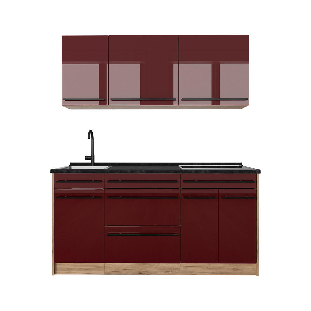SINGLEKÜCHE R-Line, Rot Hochglanz/Goldkraft Eiche, 160 cm Arbeitsplatte Anthrazit - Honigeiche/Rot, Holzwerkstoff (160/81.6/60cm) - Vicco