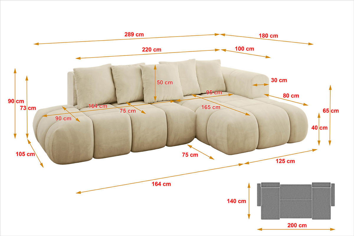 ECKSOFA Ottomane Rechts CLOUD-L-v1 289x180x40 Beige Velours - Beige, Holzwerkstoff/Kunststoff (289/180cm) - ALTDECOR