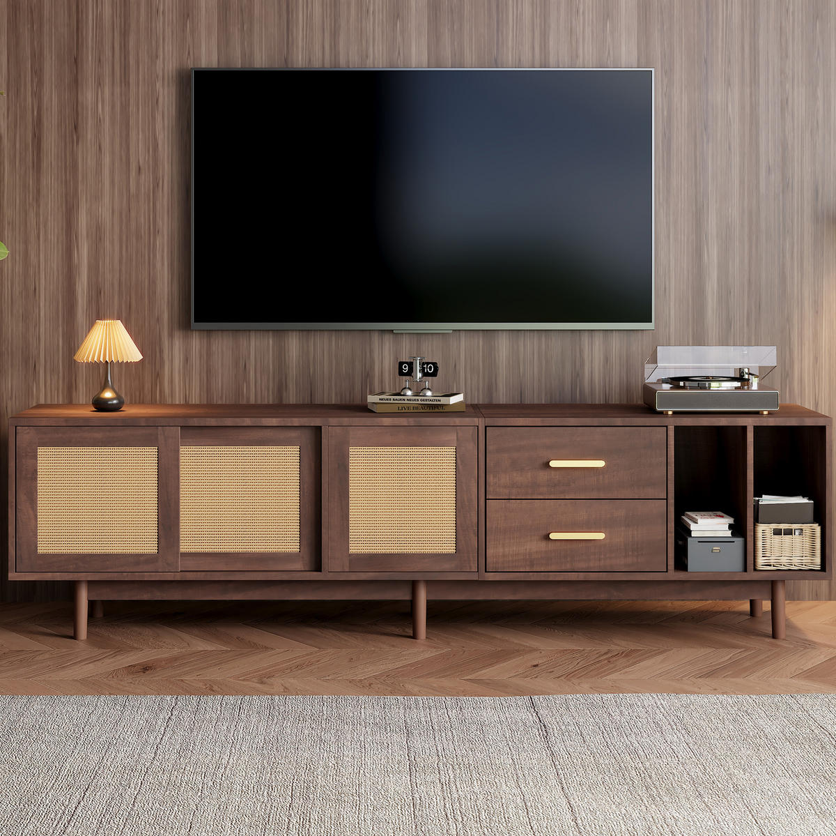 TV ormarić 190/40/52 cm smeđi od MDF-a s vratima od ratana i 2 ladice - smeđa, drvni materijal (190/52/40cm) - OKWISH