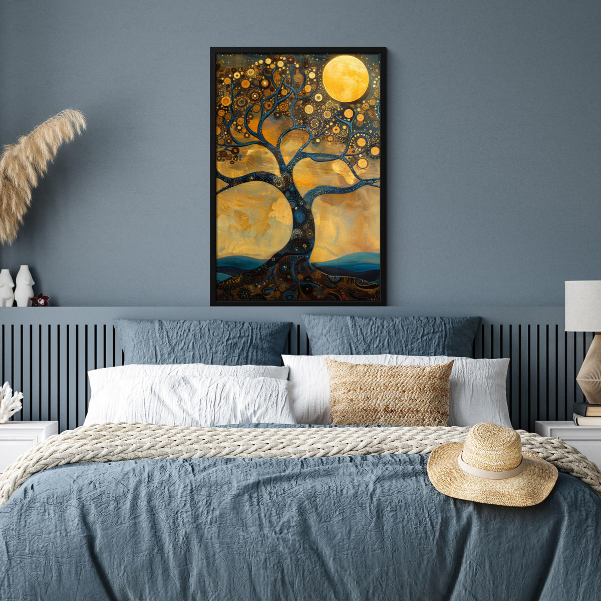 POSTER MIT RAHMENGERAHMTES BILD Baum - Mond - Blumen - Gold - Kunst 60x90 cm - Orange, Papier (60/90cm) - MuchoWow