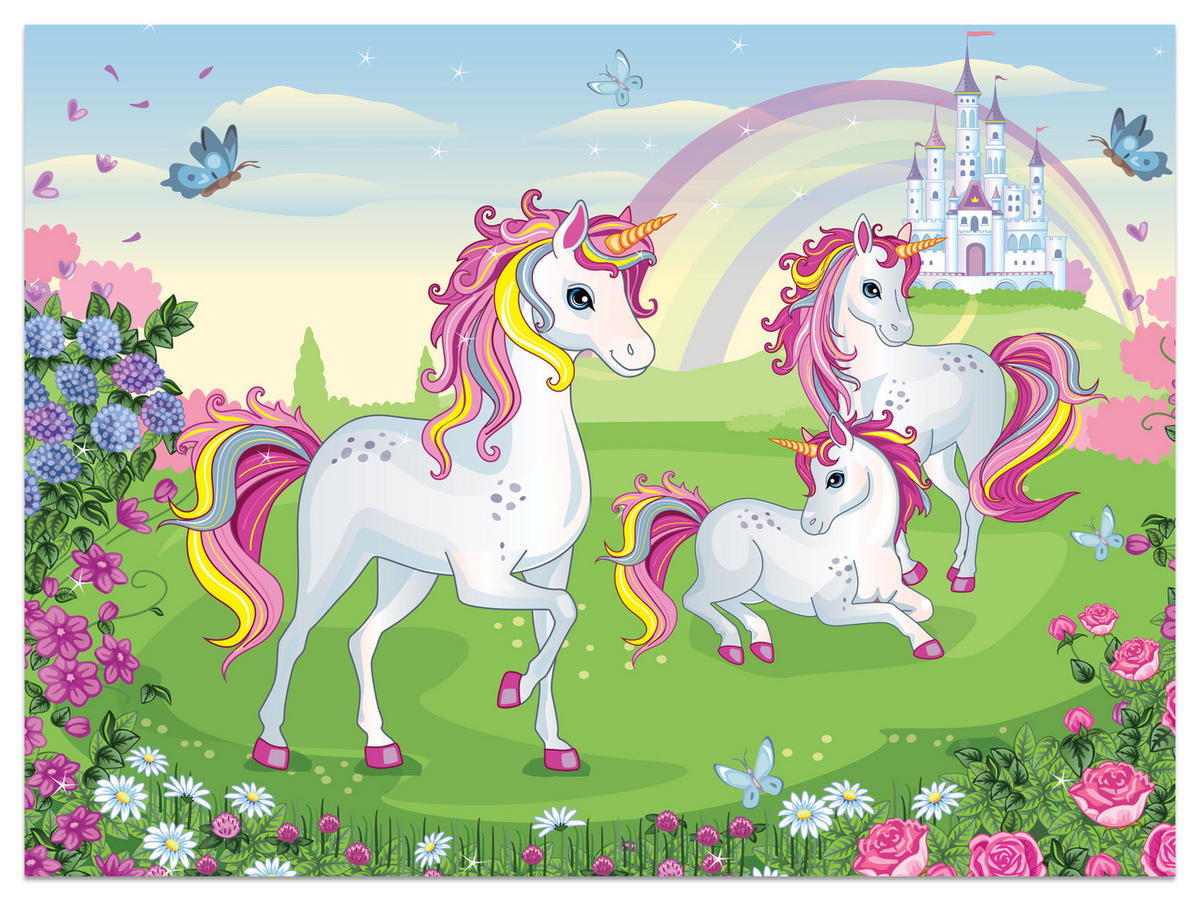 FOTOTAPETE für Kinderzimmer Einhorn Schloss Blumen Märchen 100x70 - Gelb/Violett, Papier (100/70cm) - Muralo