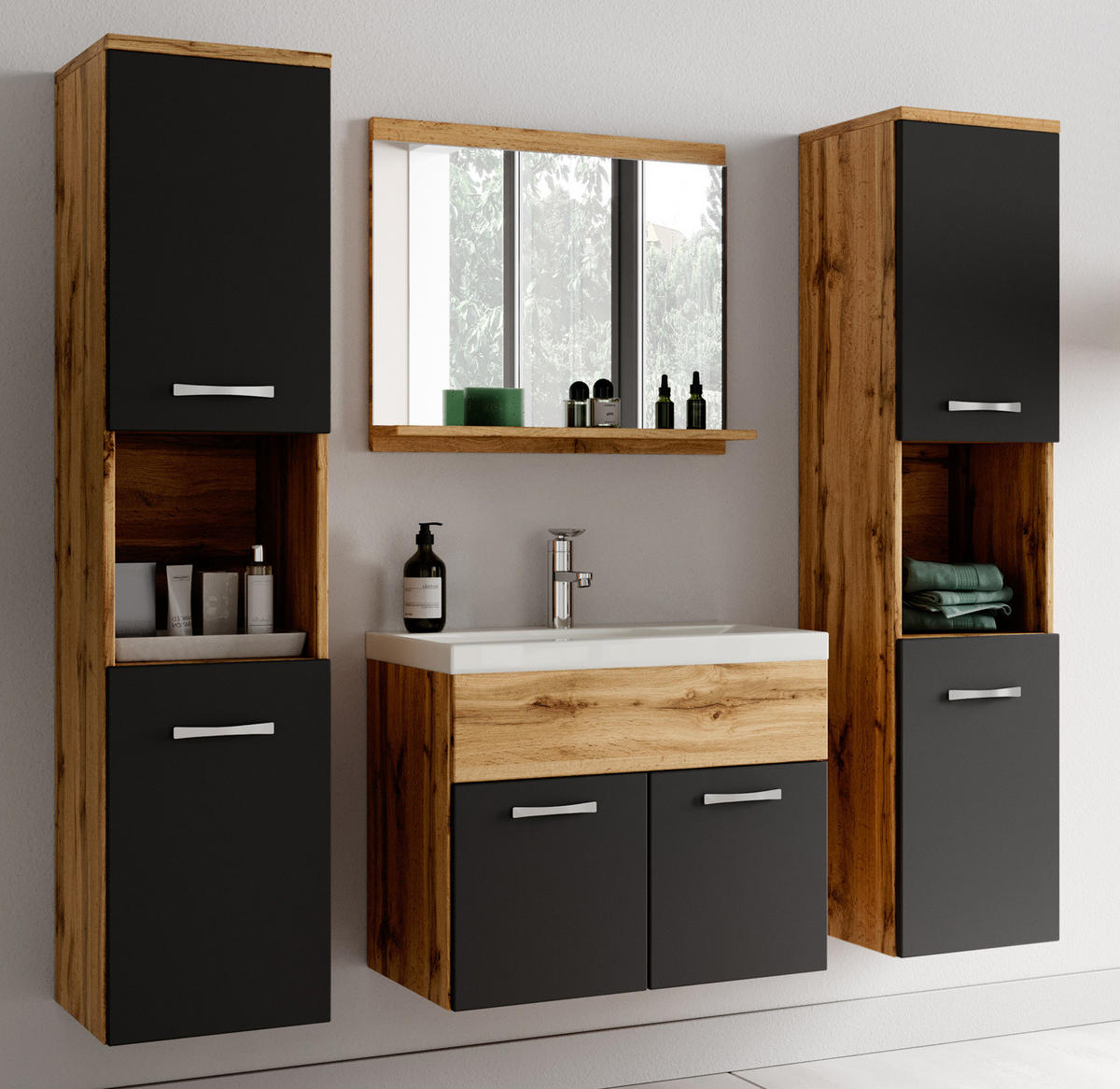 BADMÖBEL-SET Montreal 5 Teile Eiche / Schwarz - 60 x 35 x 51 cm - Eichefarben/Schwarz, Holz (60/51/35cm) - Badplaats