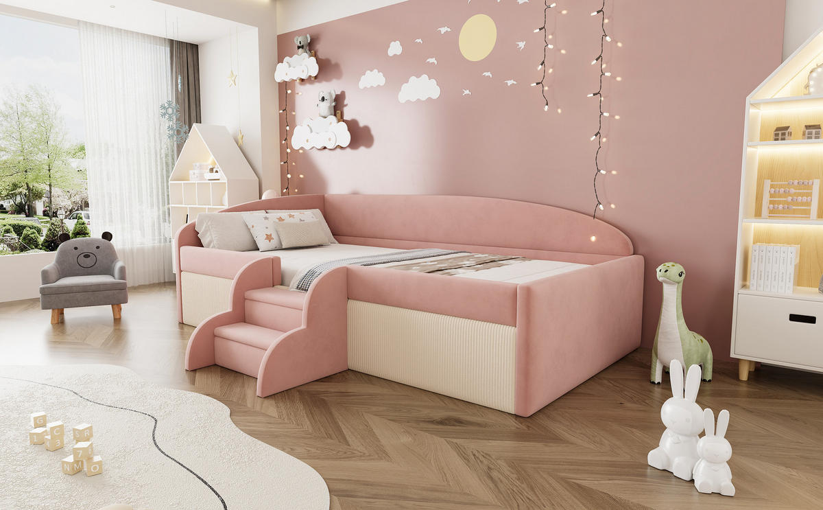 POLSTERBETT 90/190 cm in Rosa mit Stufen, Schutzbügel und Samt - Weiß/Rosa, Holzwerkstoff/Textil (90/190cm) - CHICFURN