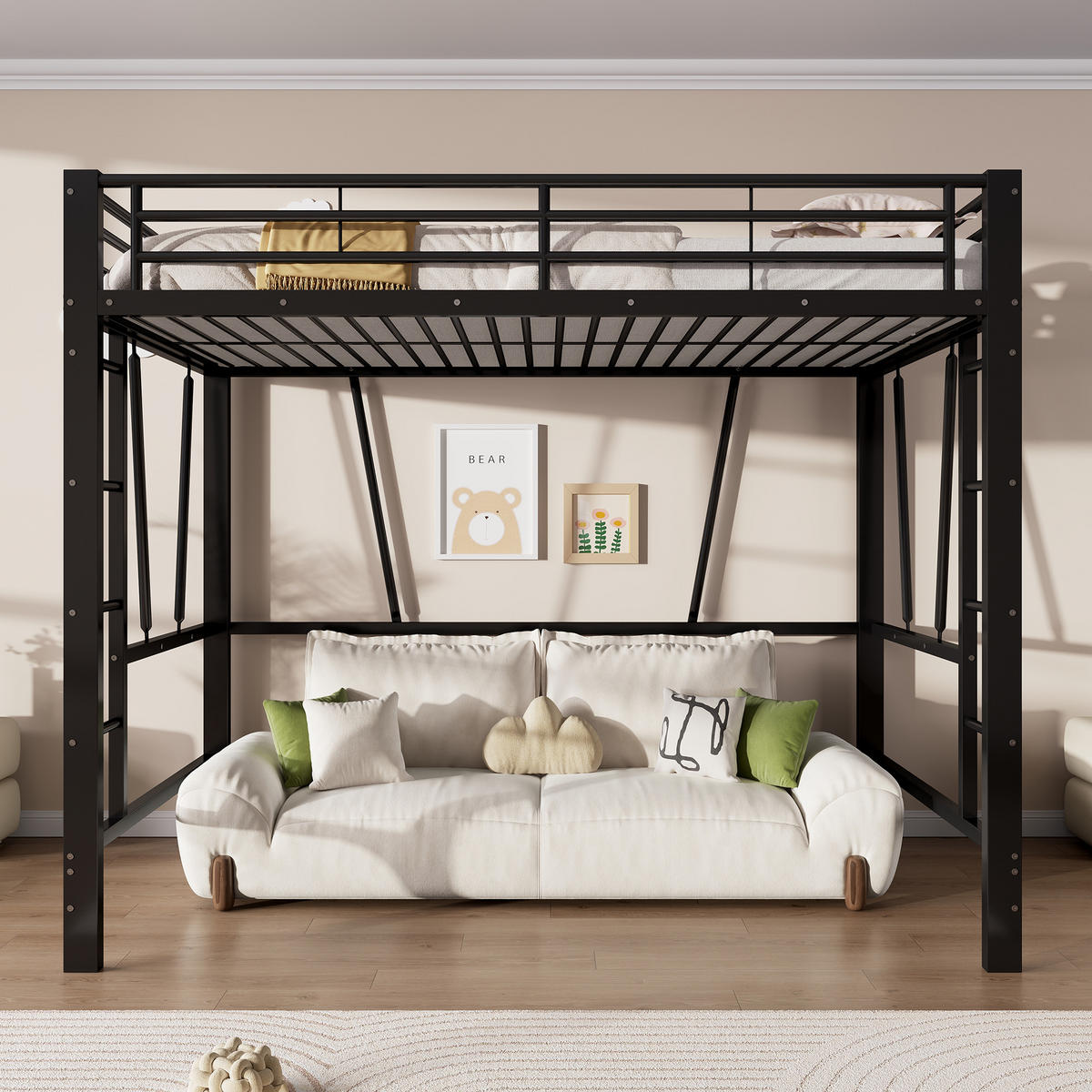 HOCHBETT 140/200 cm in Schwarz mit Doppelleiter, Schutzgeländern und offenem Raum unter dem Bett aus Metall - Schwarz, Metall (140/200cm) - STILVORA