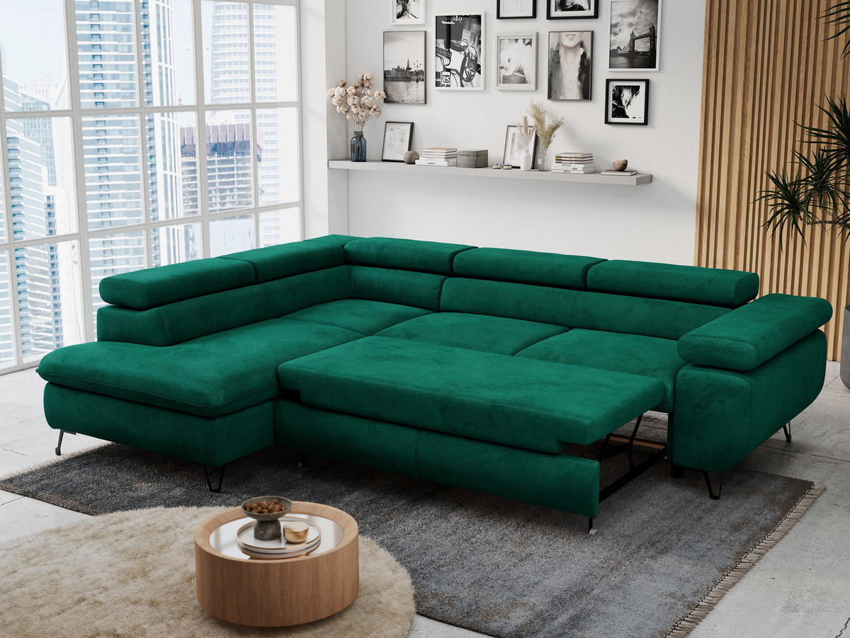 ECKSOFA PETER L Dunkelgrün Velvet - Links Seite - Dunkelgrün/Schwarz, Textil/Metall (208/273cm) - MKS