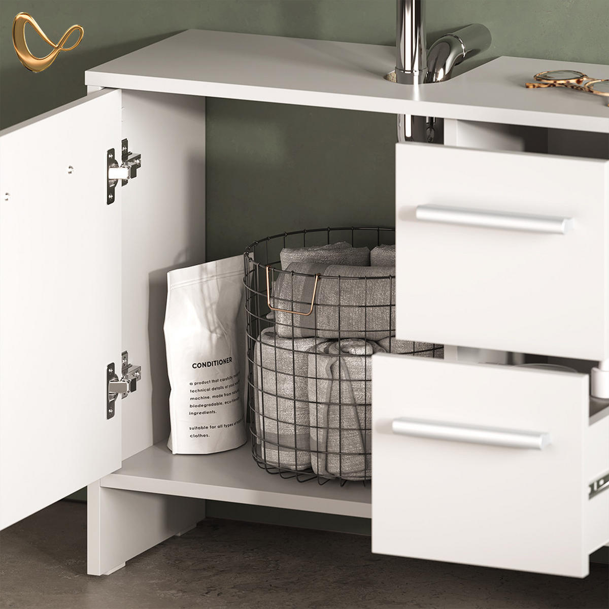 WASCHBECKENUNTERSCHRANK Amalfi Weiß 70.2 x 57 cm mit 2 Schubladen und 1 Tür - Weiß, Holzwerkstoff (70.2/57/27.9cm) - Livinity®