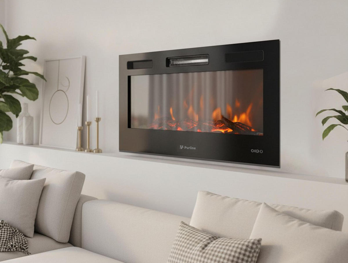 ELEKTROKAMIN Schwarz Wandmodell mit Heizung 2000 W - Schwarz, Glas (116/13/42cm) - Purline