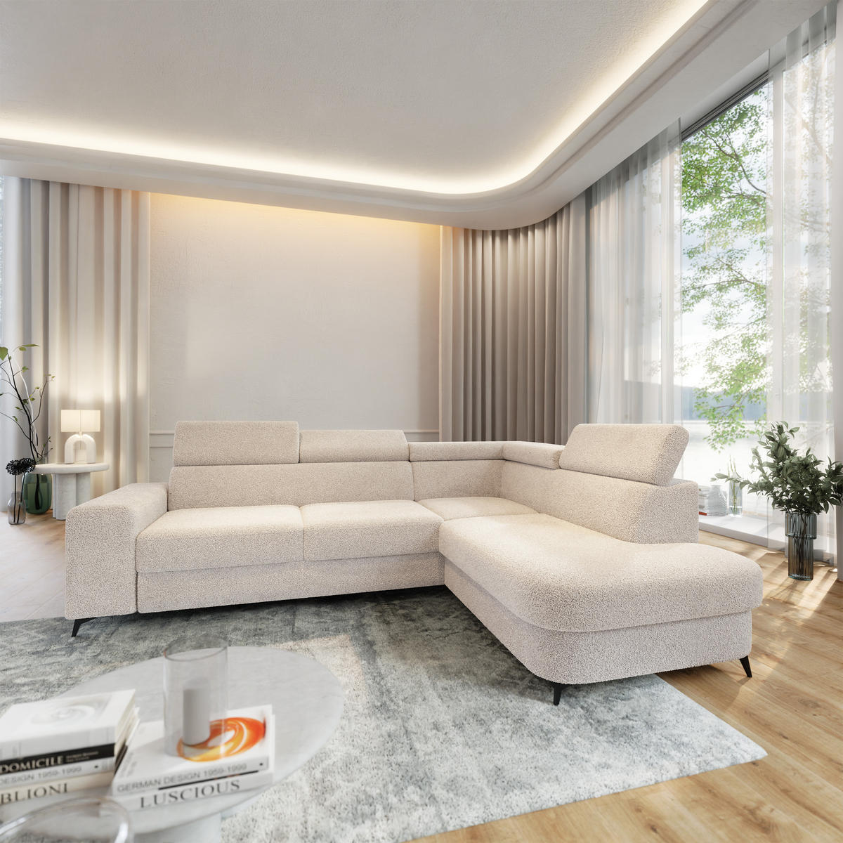 ECKSOFA ALVORO R-S Creme Boucle-Stoff mit Schlaffunktion - Creme, Holz (253/190cm) - MASSENO