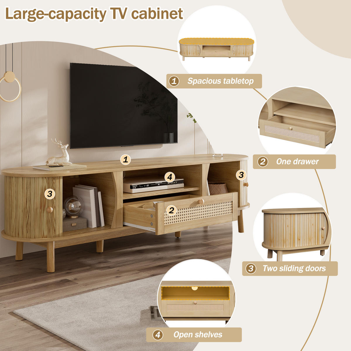 TV-LOWBOARD Rattan Türen Holz Landhaus - Naturfarben, Holz (165/46/37cm) - Fortuna Lai