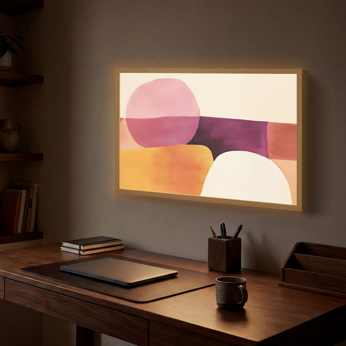 NÁSTĚNNÁ LAMPA S AKUMULÁTOREM Tvary - abstraktní - barevné 60x40 cm - růžová, kompozitní dřevo (60/40/8cm) - OnlyWow