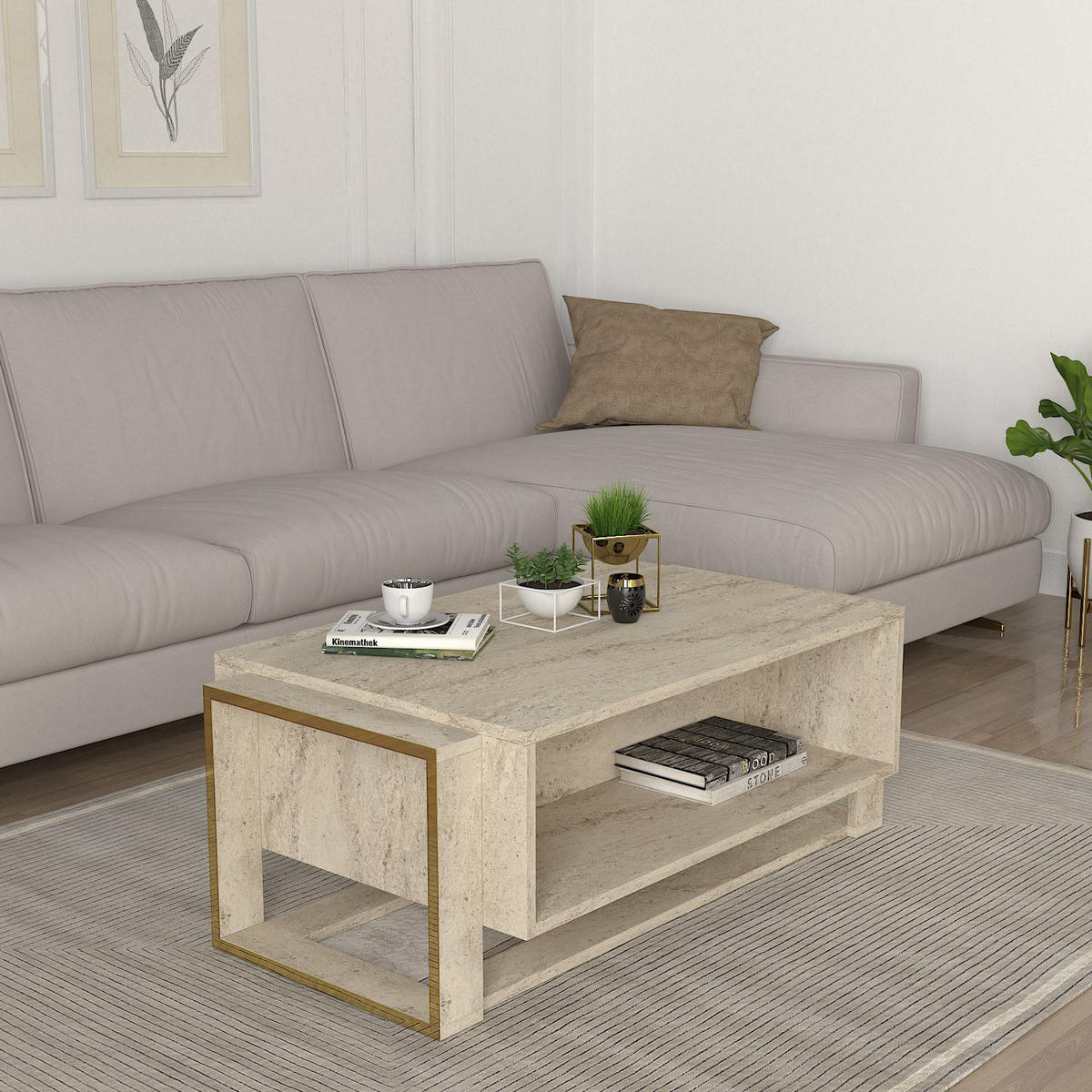 COUCHTISCH Bianco Beige Granit Optik - Beige/Goldfarben, Holzwerkstoff (60/107/41cm) - moebel17