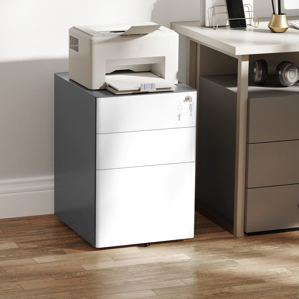 ROLLCONTAINER, mobiler Aktenschrank mit 3 Schubladen, abschließbarer Büroschrank - Multicolor, Metall (48/59/39cm) - Vinsetto