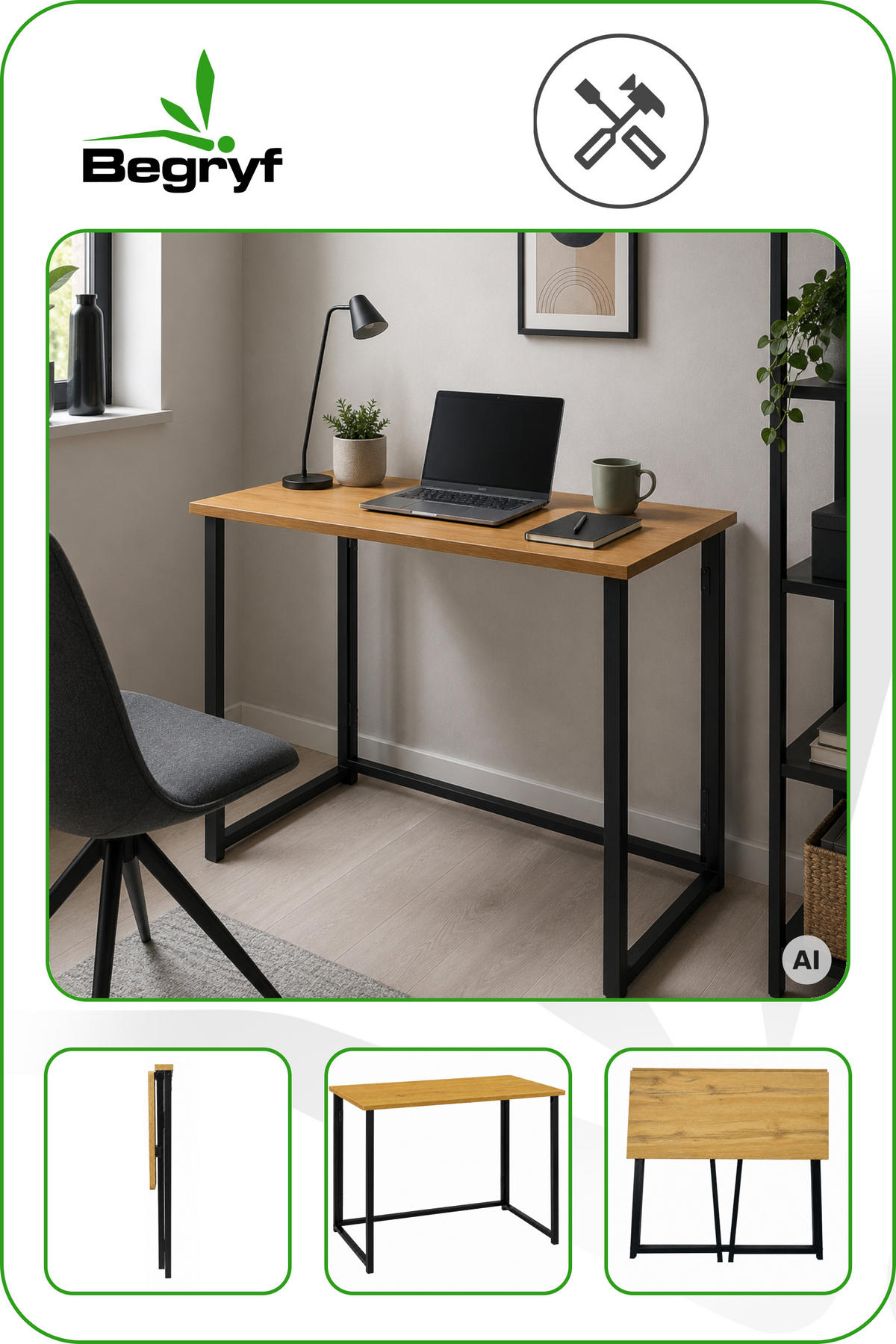 KLAPPSCHREIBTISCH MDF Metall Eiche Schwarz 80 x 40 x 74 cm platzsparend - Eichefarben/Schwarz, Holzwerkstoff/Metall (40/80/74cm) - Begryf