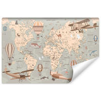 FOTOTAPETE für Kinder WELTKARTE Flugzeuge Luftballons Tiere 300x210cm - Blau/Beige, Papier (300/210cm) - Muralo