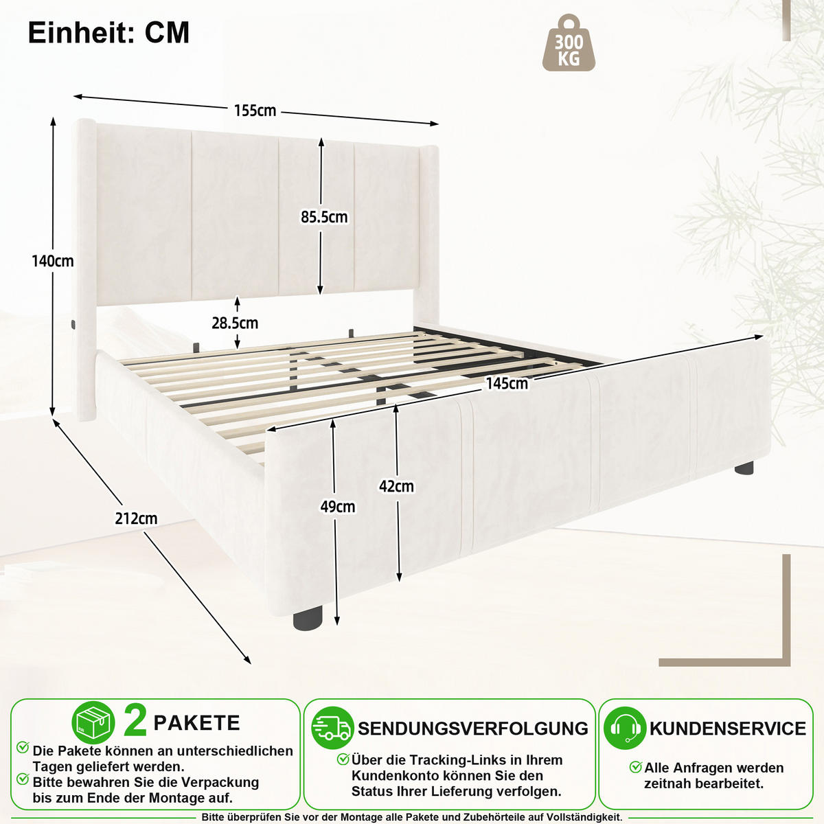 POLSTERBETT 140/200 cm in Beige Samt mit USB und hohem Kopf- & Fußteil - Beige, Holzwerkstoff/Textil (140/200cm) - CHICFURN