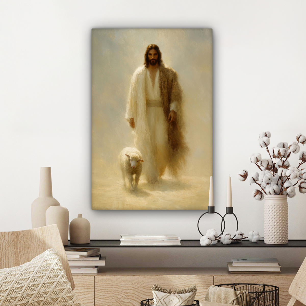 LEINWANDBILD Schaf - Jesus - Pinselstriche - Abstrakt Wanddeko 40x60 cm - Sandfarben, Textil (40/60cm) - MuchoWow