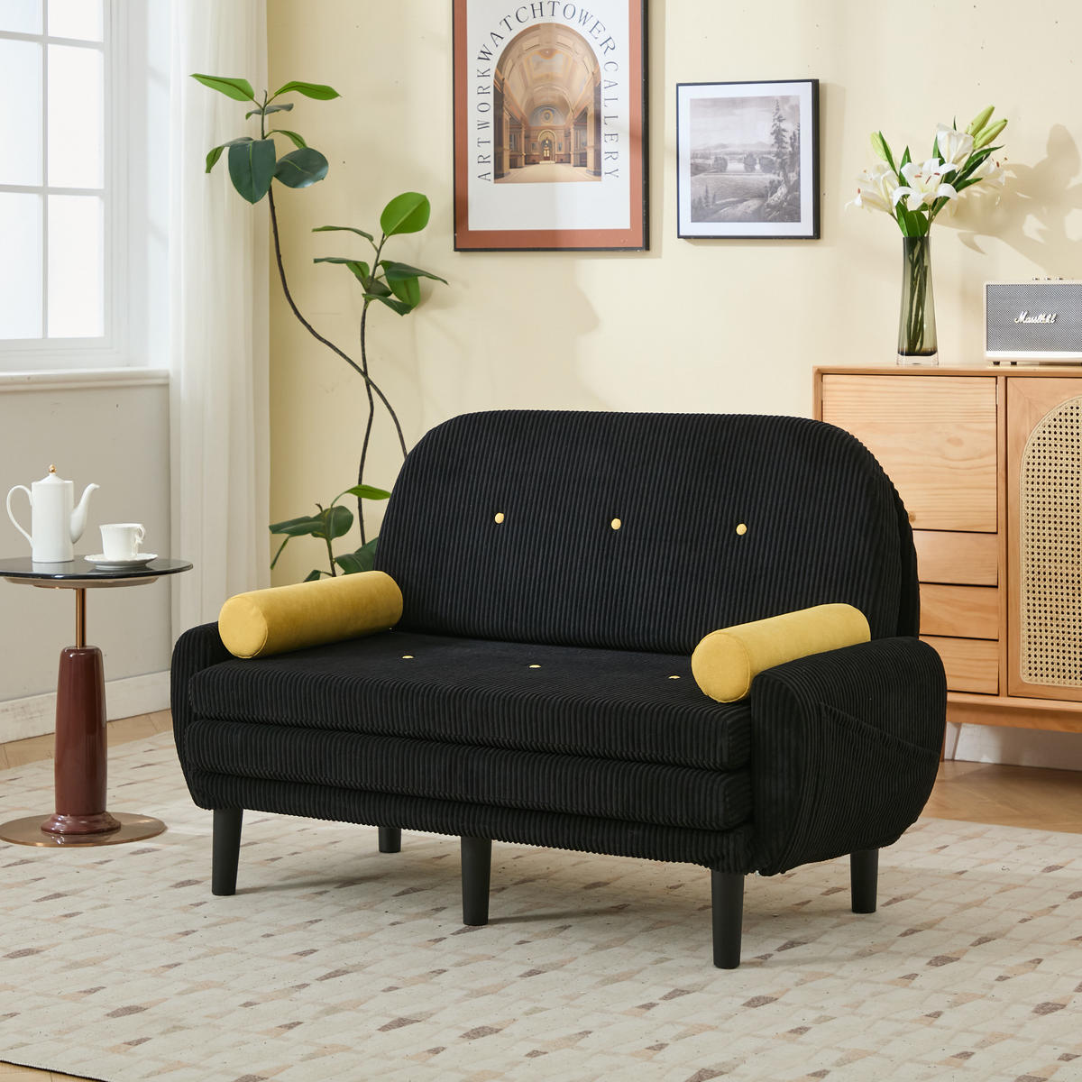 2-SITZER SCHLAFSOFA Cord Schwarz mit Kissen - Schwarz, Kunststoff/Textil (133.5/85/77cm) - WISHDOR