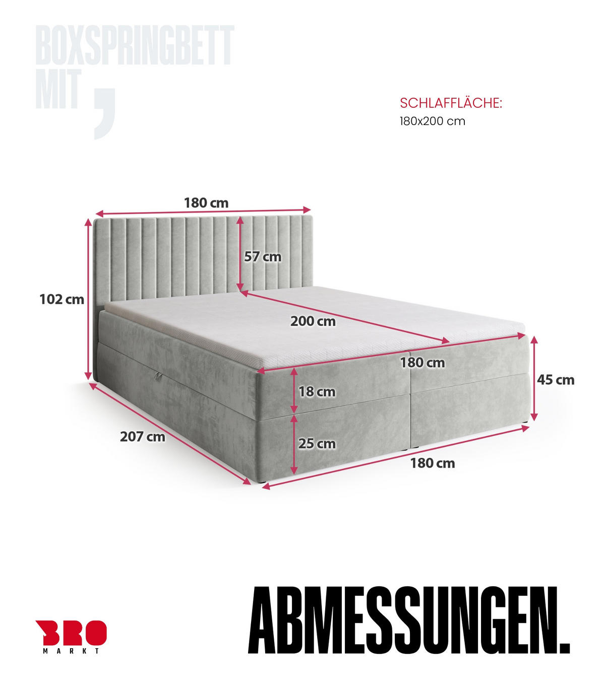 BOXBETT DREAM mit Topper 180x200 Grau - Grau, Textil (180/200cm) - Bromarkt