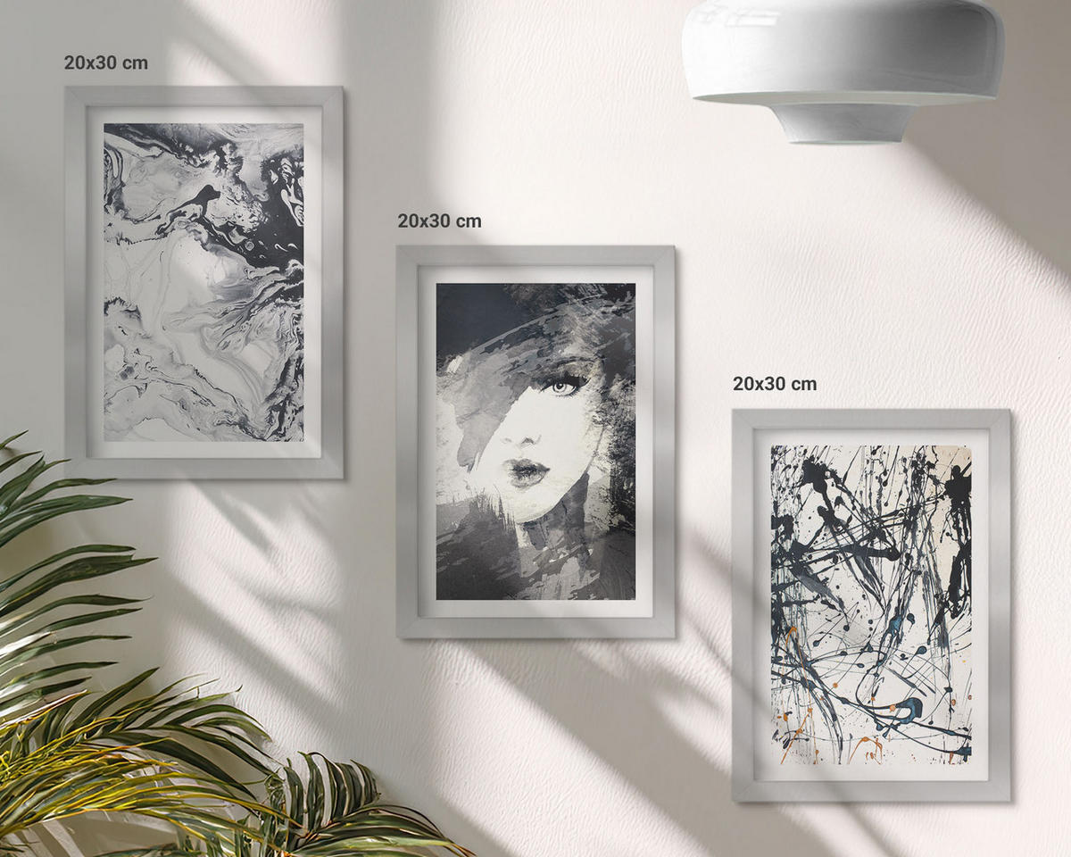 WANDBILDER 3er Set - 20x30 cm Silberner Rahmen - Abstrakte schwarz-weiße Muster - Silberfarben, Kunststoff (20/30cm) - ArtPrintCave