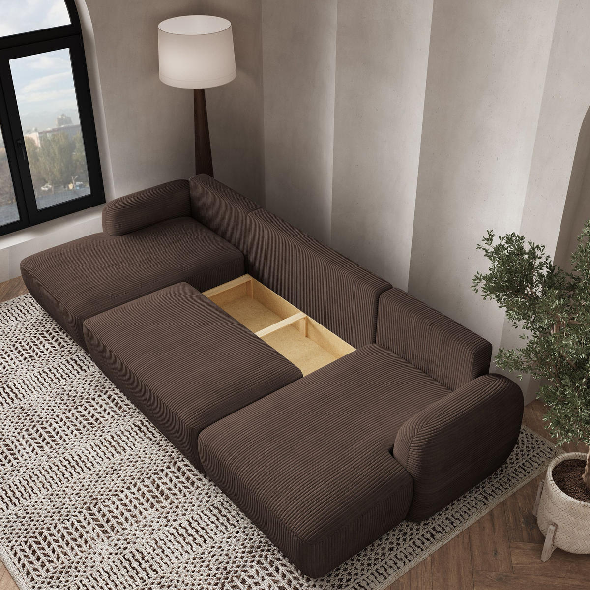 WOHNLANDSCHAFT SAVONA P Braun Kordstoff mit Schlaffunktion - Braun, Holz (320/90/148cm) - MASSENO