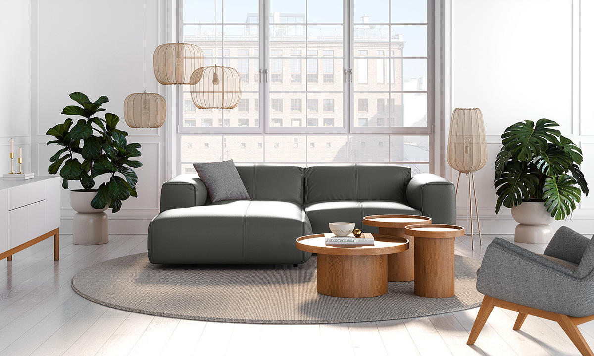 ECKSOFA mit XL-Longchair - Schwarz/Grau, Leder/Kunststoff (260/171cm) - home24