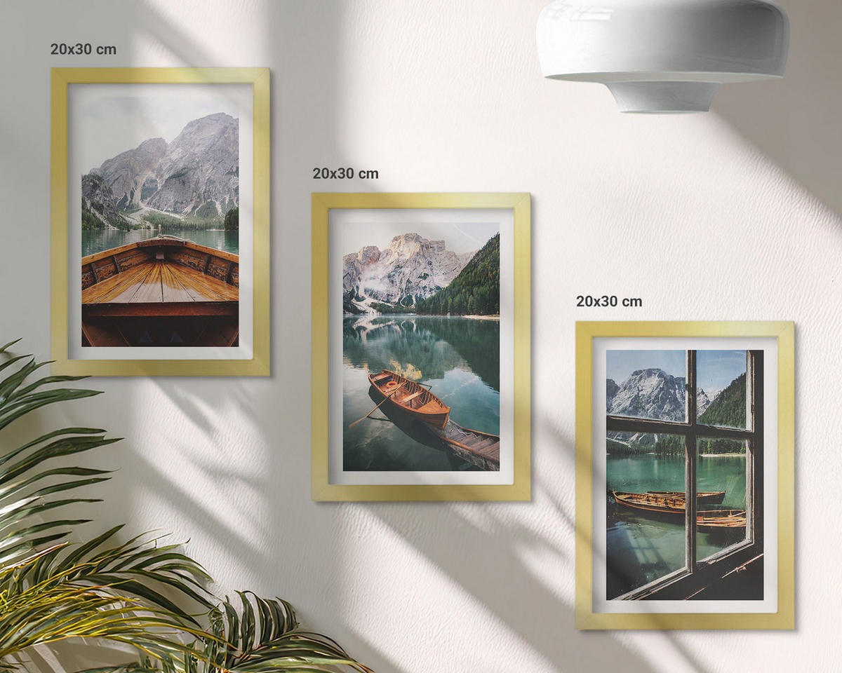 WANDBILDER 3er Set - 20x30 cm Goldrahmen - Fenster für Boote auf dem Bergsee - Goldfarben, Kunststoff (20/30cm) - ArtPrintCave