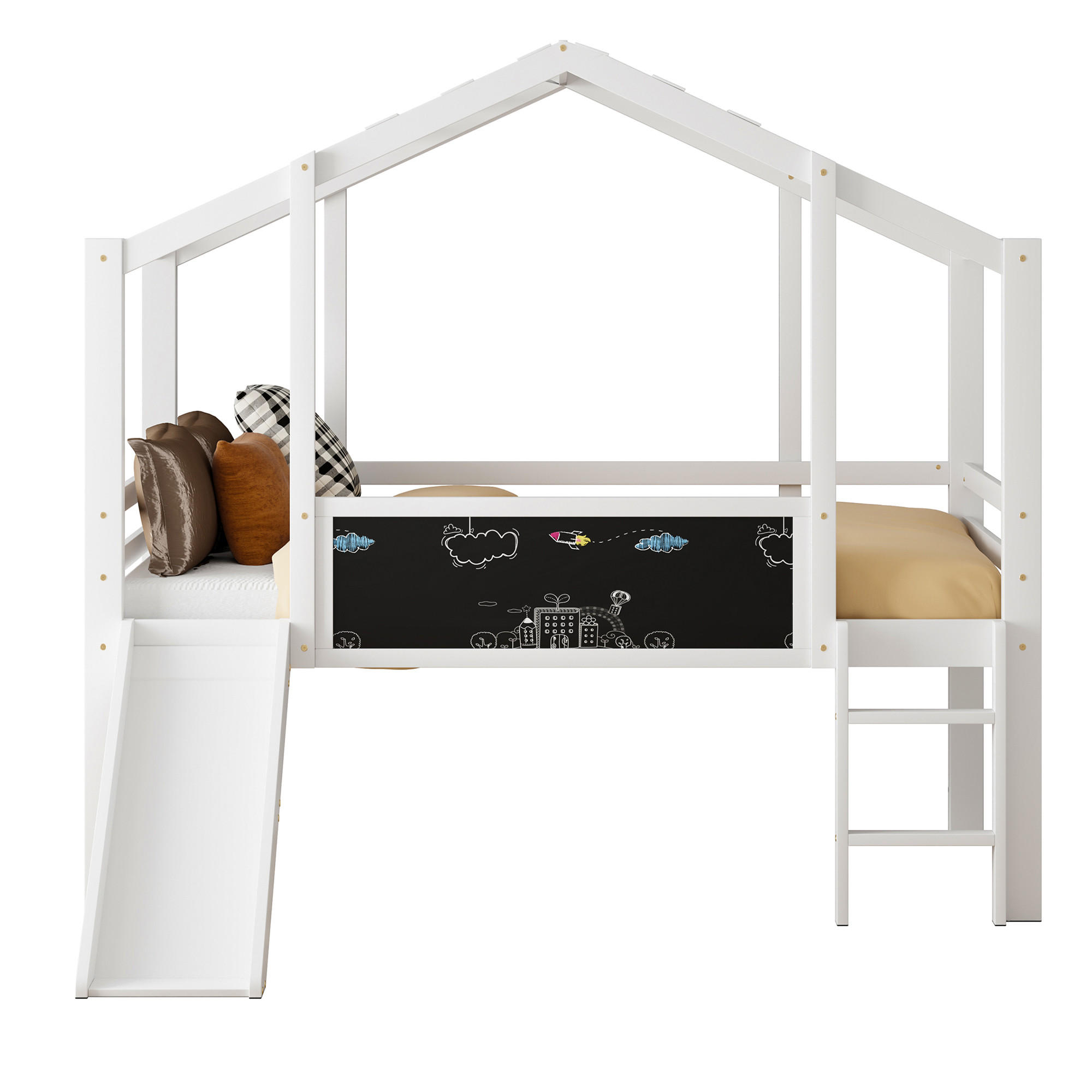 HOCHBETT 90/200 cm Dachboden-Design mit Rutsche und Tafel Weiß mit Matratze - Weiß, Holzwerkstoff (90/200cm) - OKWISH